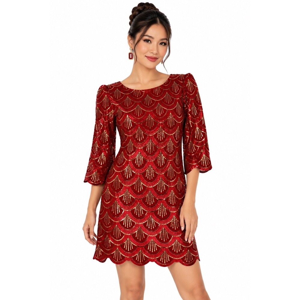 Gianni Bini Red Sequin Scalloped Art Deco Mini Dress 3/4 Sleeve Size M